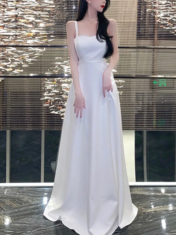 

Elegant White Long Dresses for Women Sexy Spaghetti Straps Bow Evening Party Dress Summer A-line Vestidos Robe Female Clothing