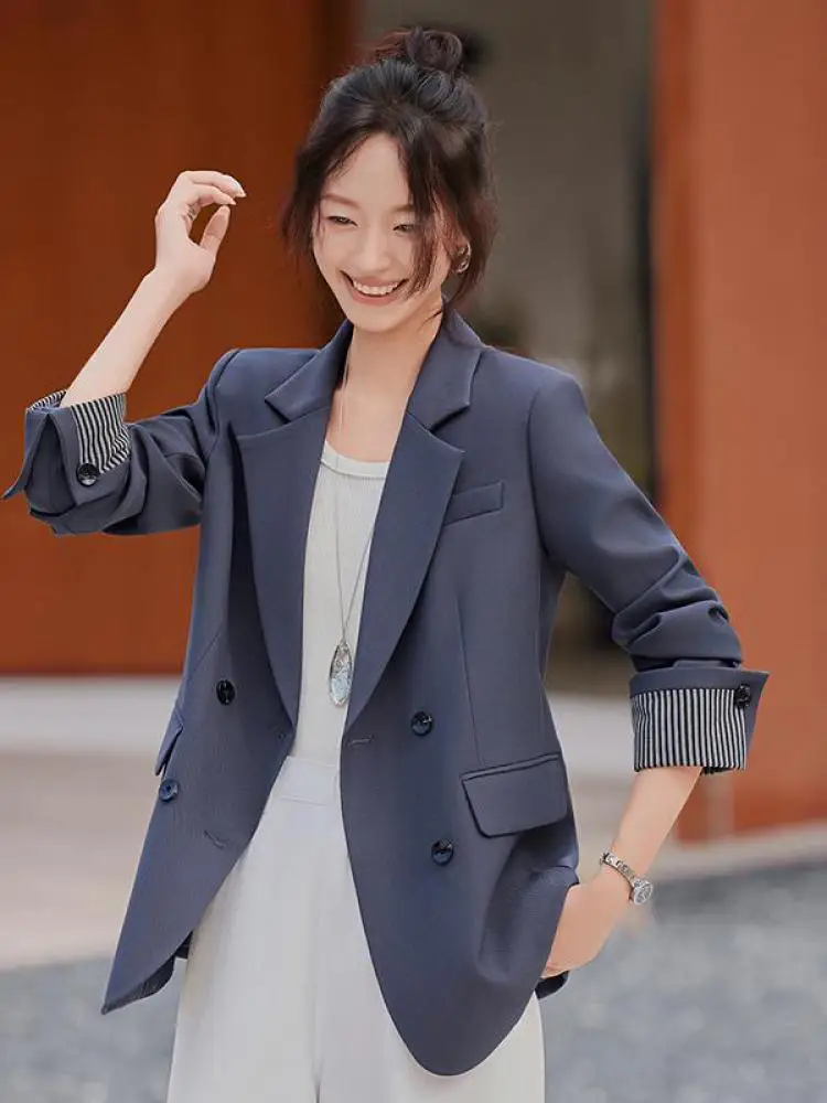 

Korean Fashion Women Black Grey Patchwork Elegant Blazer Coat Autumn Winter Purple Red Double Breasted Long Sleeve Jacket Casual