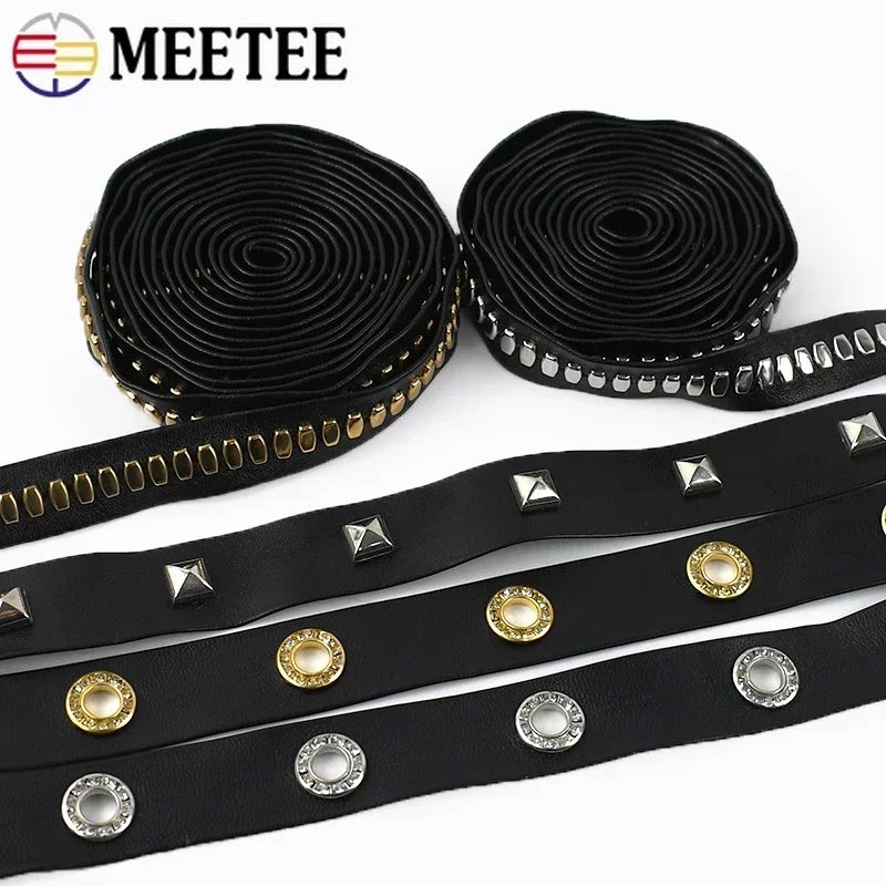 2/4M Meetee 10/15/20mm Rivet PU Leather Ribbons Sewing Bag Strap Eyelets Band Rope Collar Decor Cord Garment Material Accessory