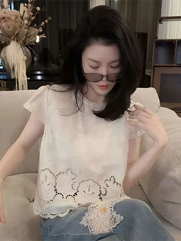 

Ele Hollow out Lace ort Sve irt Женский свободный красивый уникальный летний топ в Корейском стиле круглый Ne Casual irt