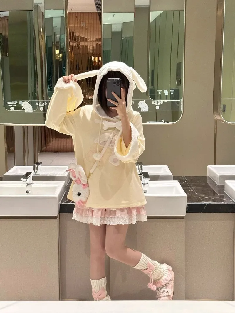 Subculture Y2k Millennial Japanese Two-dimensional Yuan Ears Hooded Embroidered Water Color Sweater Women's Loose Velvet Top