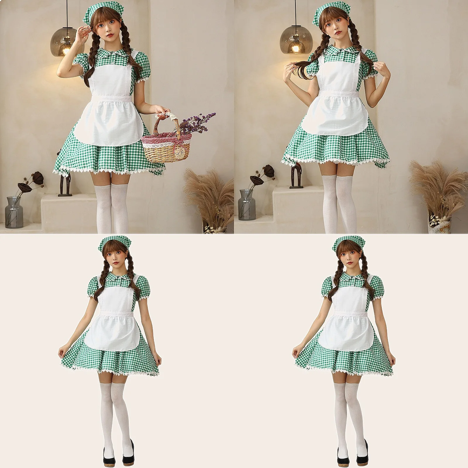 Fashion Cosplay Maid Costume Japanese Sweet Cute Apron Green Plaid Dress