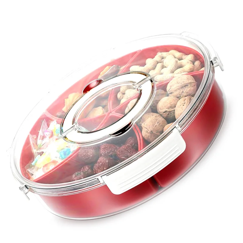 

A01F-Divided Snack Serving Tray With Lid Handle, 5 Compartments Plastic Snack Food Containers With Lids Vegetables Tray