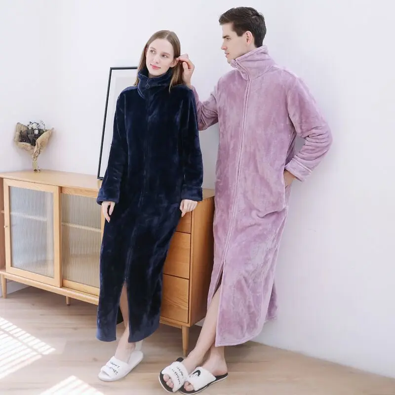 Men Coral Fleece Velvet Zipper Long Nightgown Male Unisex Simple Solid Sleepwear Warm Thick Homewear Relax Leisure Loungewear
