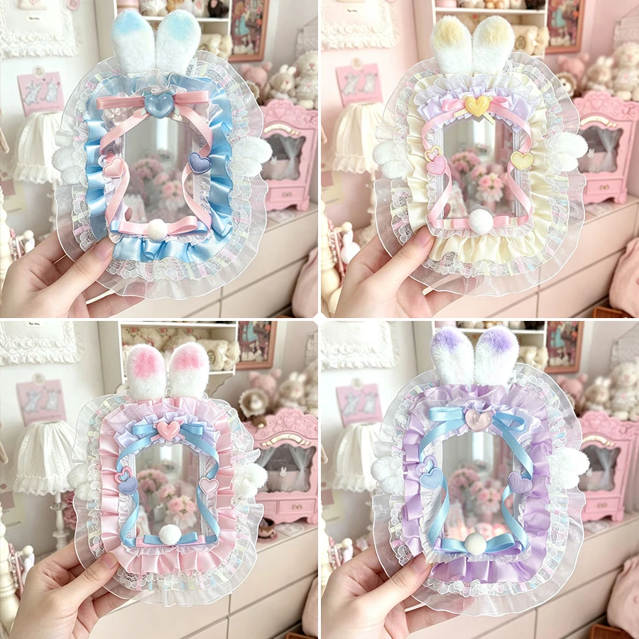 Gradient Plush Bunny Ear Lace Photocard Display Frame Lolita Bow 3 Inch KPOP Photocard Decor Border Macaron Polaroid Photo Frame Idol Collection Card Itabag Itaplate Decor Ornament photocard topper