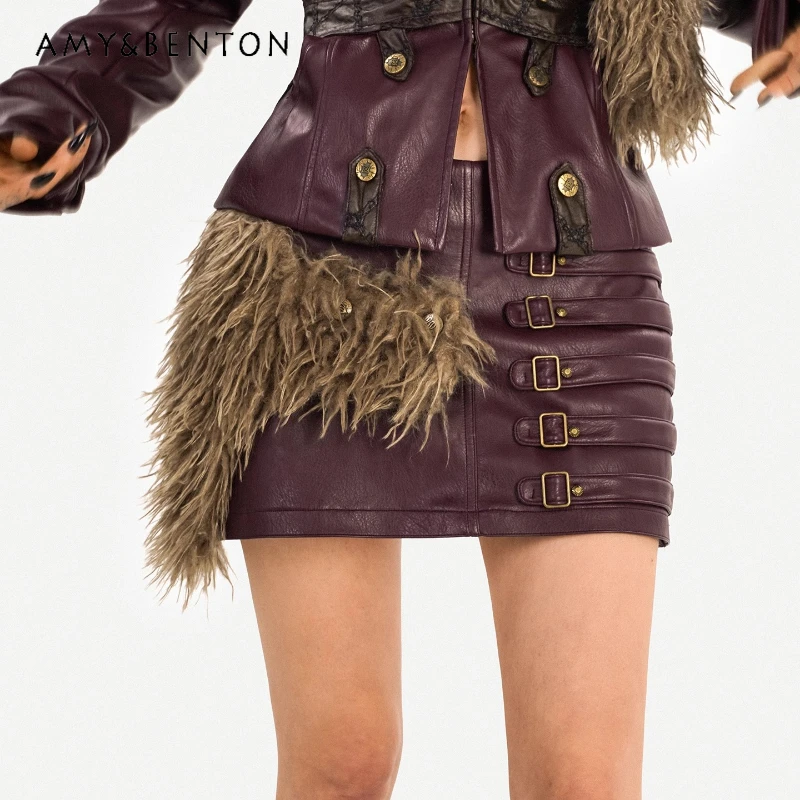 

Vintage Design Wine Red Women's Skirt Autumn Winter New Metal Buckle Slim Sexy Versatile Bodycon Leather Short Skirts Ladies