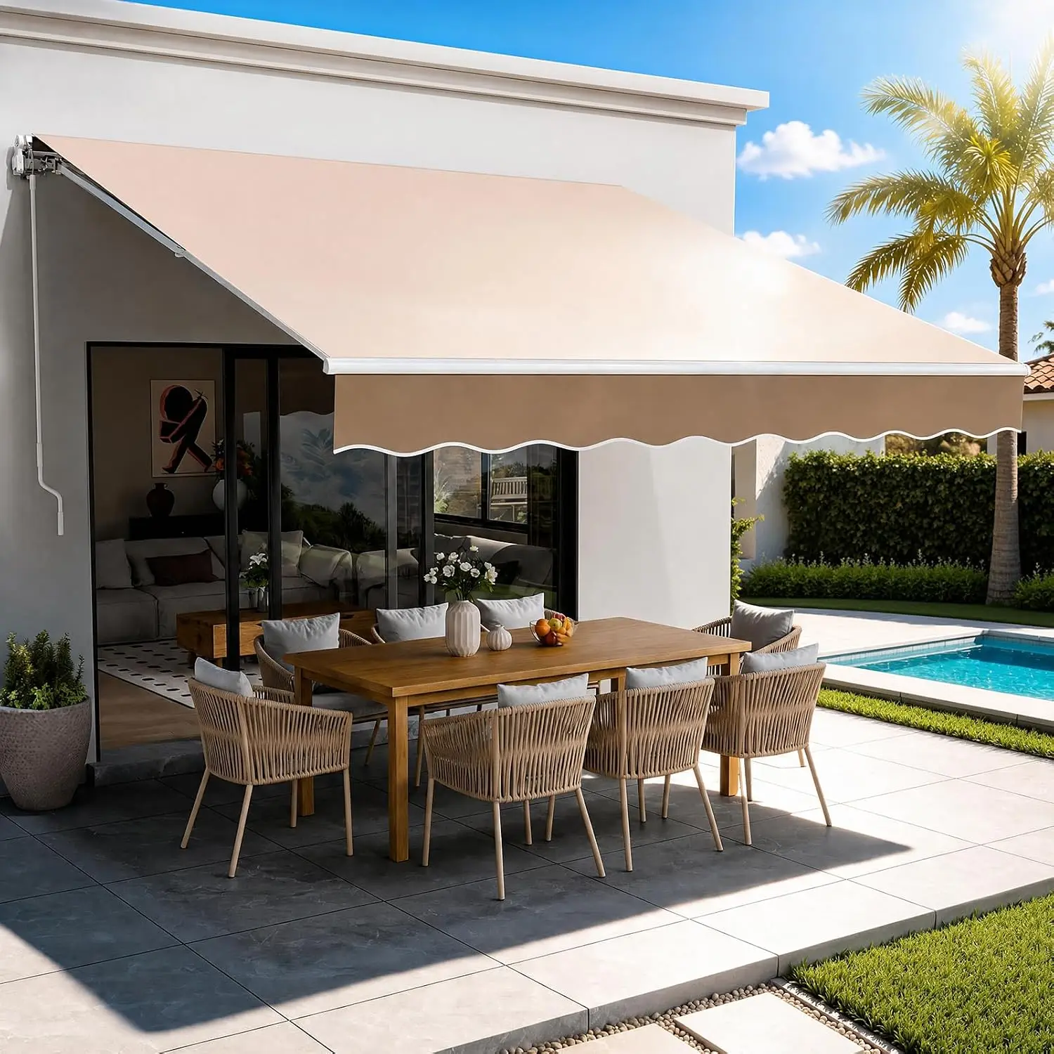 Manual Retractable Awning, 12 x 10 ft Outdoor Patio Awning Retractable Sun Shade, Patio Door Window Water-Resistant Polyester Aw