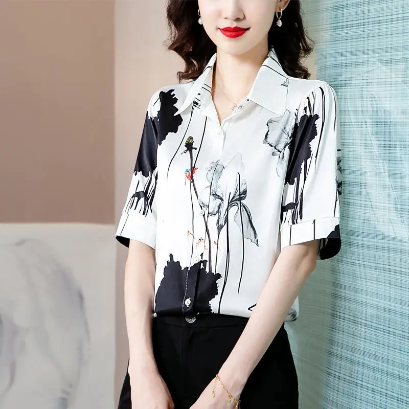 Women Clothing Silk Flower Print Vintage Button Shirts Summer Elegant Fashion Office Lady Blouse Simple Casual Short Sleeve Tops