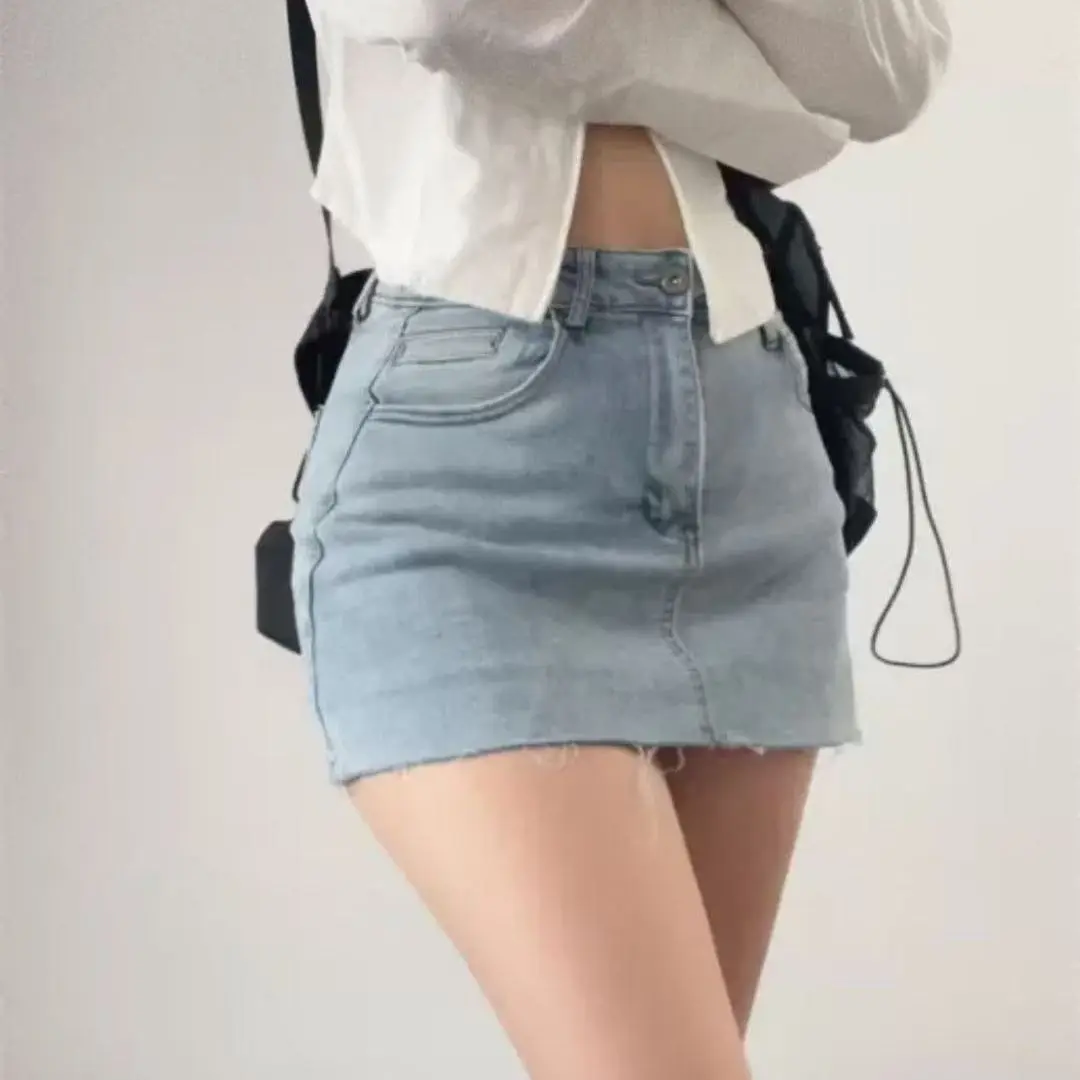 กระโปรงยีนส์กอดร่างกายอเนกประสงค์สําหรับผู้หญิงฤดูร้อนใหม่เอวสูงกระชับกระโปรงทรงเอกระโปรงสาวร้อนไม่มีเลกกิ้ง