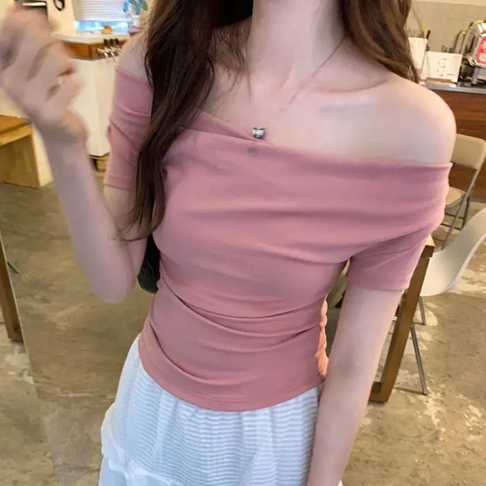 

Spicy girl's one neck slim fit short sleeved T-shirt for women in summer 2025, new base shirt for women, trendy top for women