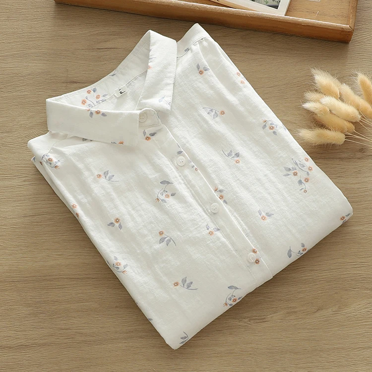 Camicie bianche con stampa floreale dolce Donna Autunno Morbido doppio strato Camicia a maniche lunghe con risvolto in filato di cotone Camicia base