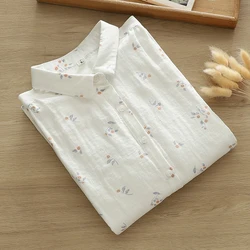 Camicie bianche con stampa floreale dolce Donna Autunno Morbido doppio strato Camicia a maniche lunghe con risvolto in filato di cotone Camicia base camicetta