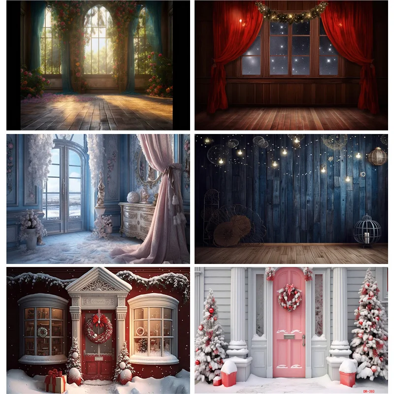 

SHUOZHIKE Christmas Day Fireplace Photography Backdrops Prop Window Living Room Interior Storefront Door Background DR-13