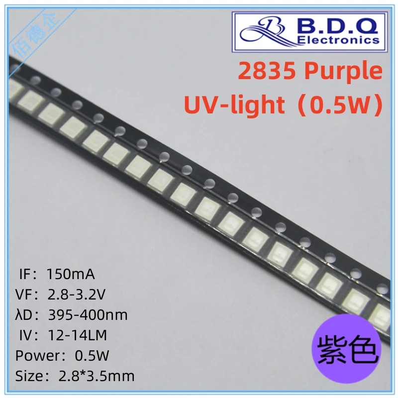 100Pcs SMD LED 2835 0.5W Purple UV-light 395-400nm LED Lamp Beads  Size 2835 Light-emitting Diode High Bright Quality