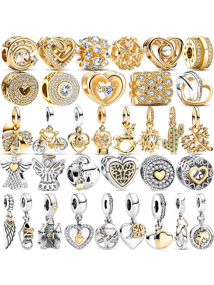 925 Sterling Silver Charm Bracelet para Mulheres, Coração Dourado, Anjo, Pena, Amor, Mãe, Família,