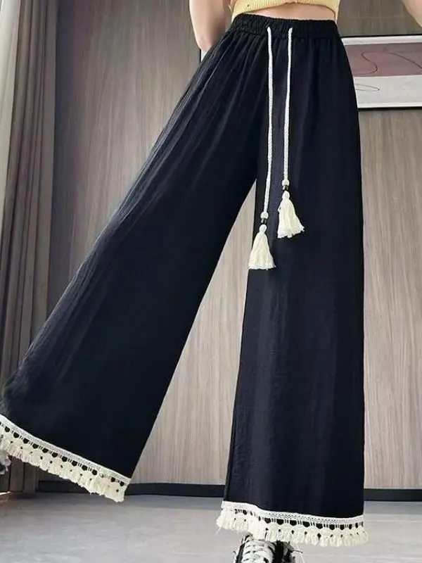 New Women's Fringed Wide Leg Pants High Waist Straight Cut Thin Autumn Season Color Block Commute Style Casual Trousers