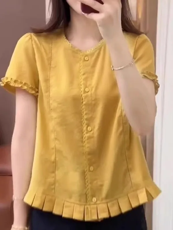 

Loose Women's Short Sleeve Shirt Summer New Style Big Size Fat MM Elegant Hemline Design Korean Style round Neck Button up Top