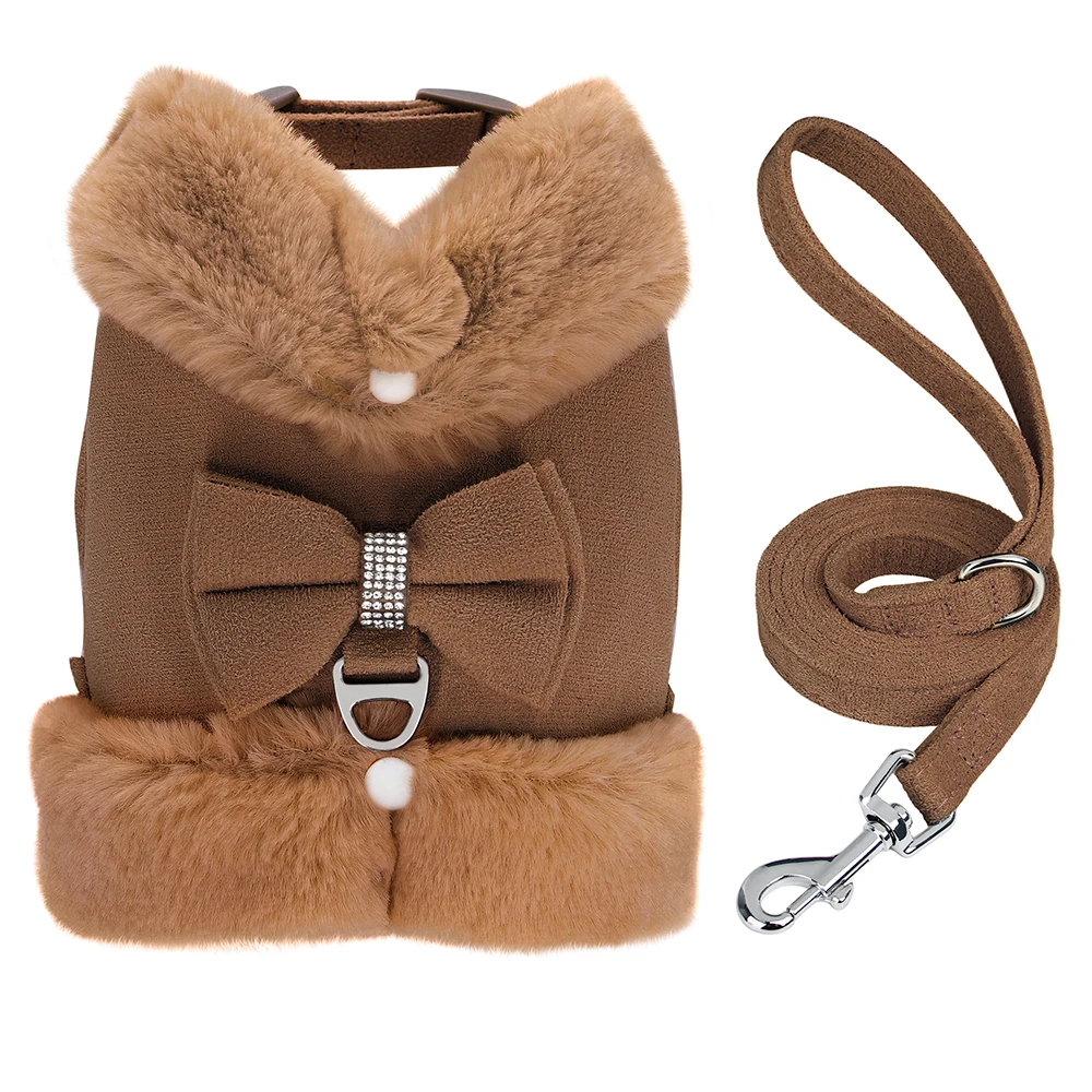Warmes Fell Welpen Hunde geschirr Leine niedlichen Bowknot Hunde Katzen geschirre gepolsterte Haustier Weste mit passendem Führ strick für Hunde Katzen Winter – Detail 9