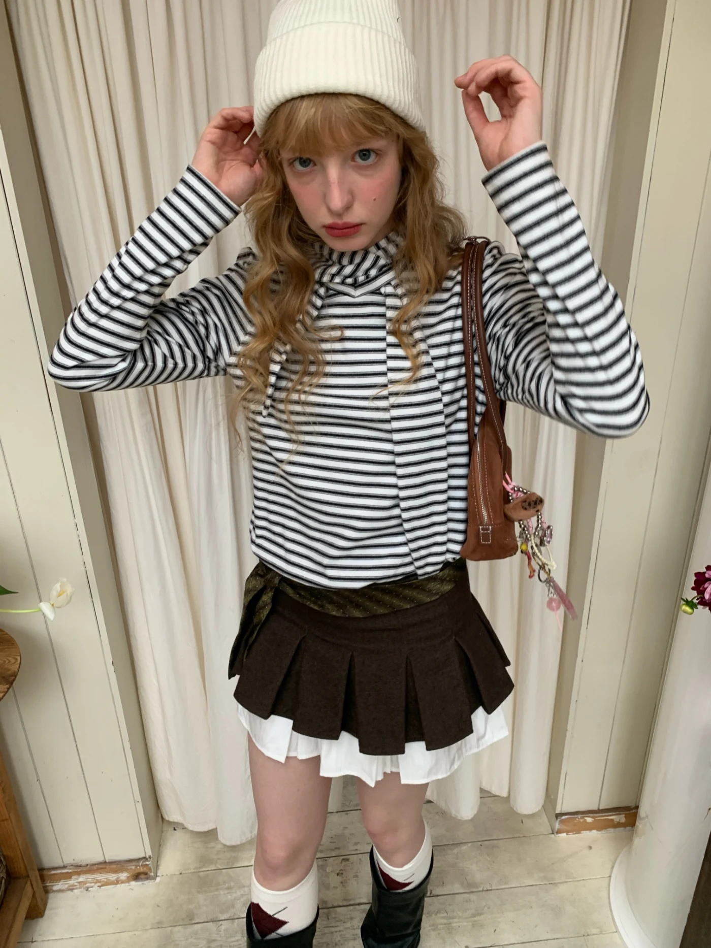 

Morn Isle Casual Striped Top with Detachable Pleated Skirt Set Comfortable Breathable Long Sve High Collar Stand Fit