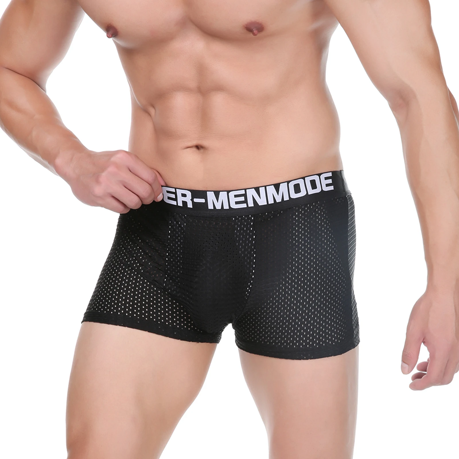 

CLEVER-MENMODE Men Underwear Mesh Sexy Panties Boxers Shorts Bullet Separation Penis Pouch Scrotum Care Hollow Long Underpants