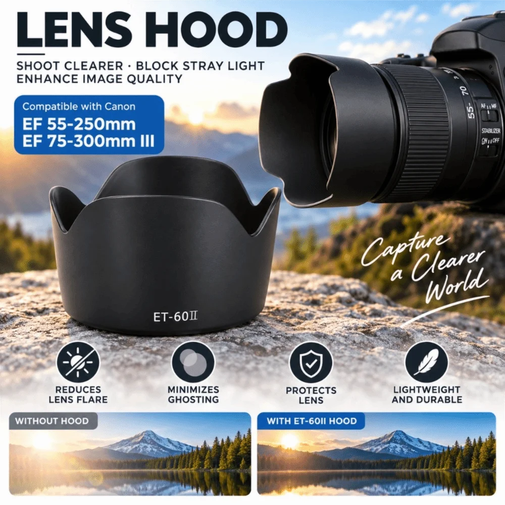 ABS Flower Lens Hood Black Reversible Lens Shade Stray Light Blocking Matte Inner Camera Lens Hood for Canon ET-60II