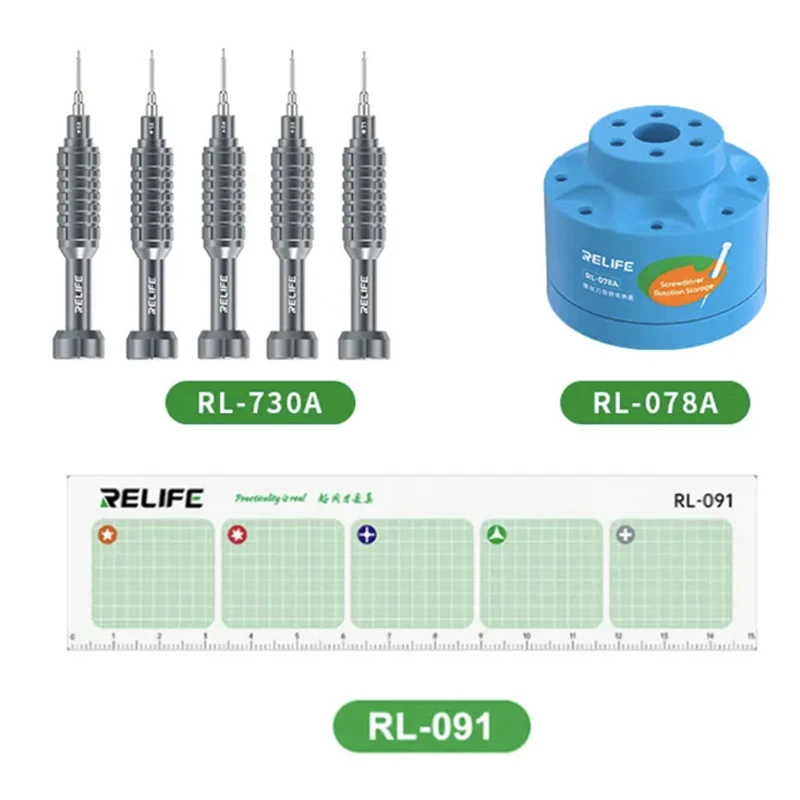 RELIFE RL-730A 5IN1 Aluminum Alloy Screwdriver Set RL-078A Multi-function Screwdriver Storage Holder RL-091 Screws Storage Pad