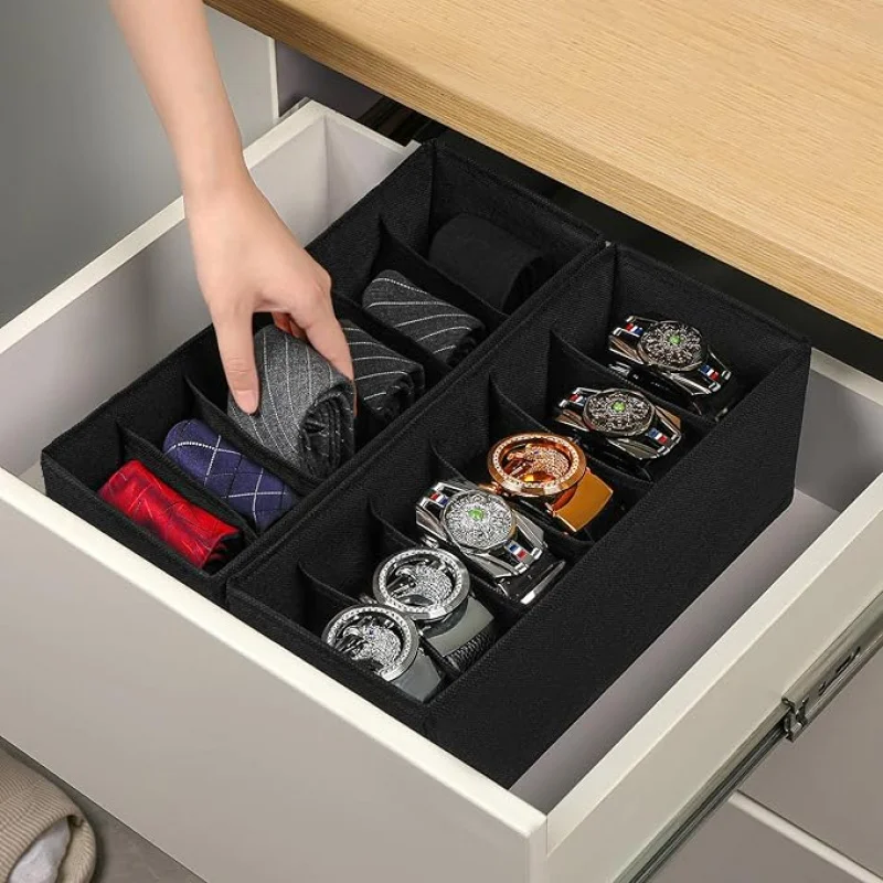 3-Pack Black Fabric Belt& Tie Organizer, Closet Organization Drawer Storage, Foldable Non-Woven Holder for Dresser