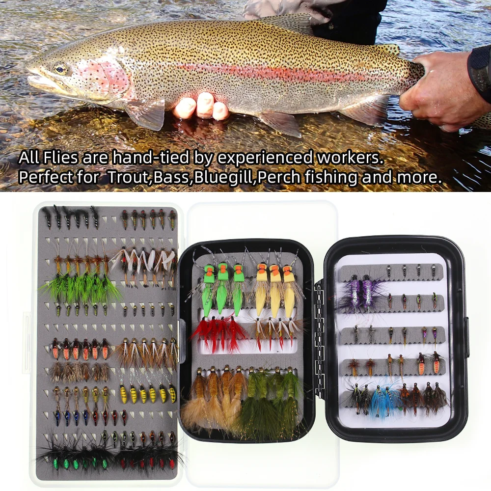 Wifreo 52/100pcs Fly Fishing Flies Kit With Woolly Bugger Hare's Ear Nymph Dry/Wet Flies Elk Hair Caddis Royal Wulff Zebra Midge