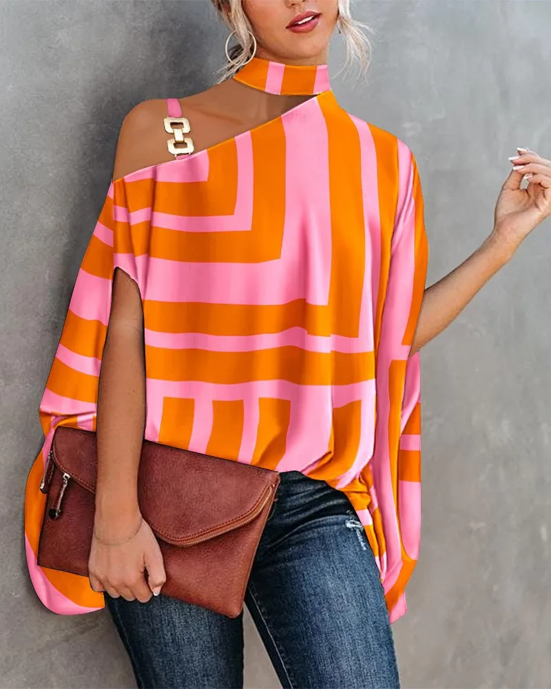 Blusa Asimétrica de un Solo Hombro para Mujer con Mangas Murciélago y Estampado Floral Abstracto para Uso Casual de Verano