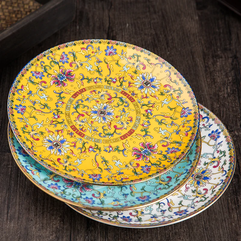 Chinese Enamel Color Ceramic Plate Handmade Gold Stroke Tableware Home Pasta Dinner Plates Restaurant Serving Tray Kitchen Items