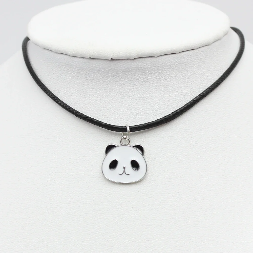 Enamel Panda Head Animal Pendant Choker Chain Necklace for Women Black Leather Braid Wax Cord Halloween Jewelry Accessories