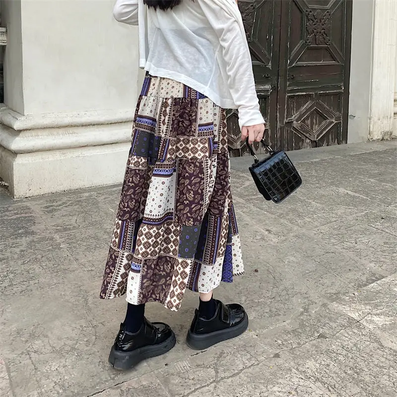 Vintage Skirts Women Folk Style Retro High Waist Print Patchwork A-line Midi Literature Art Stylish Loose Design Harajuku New