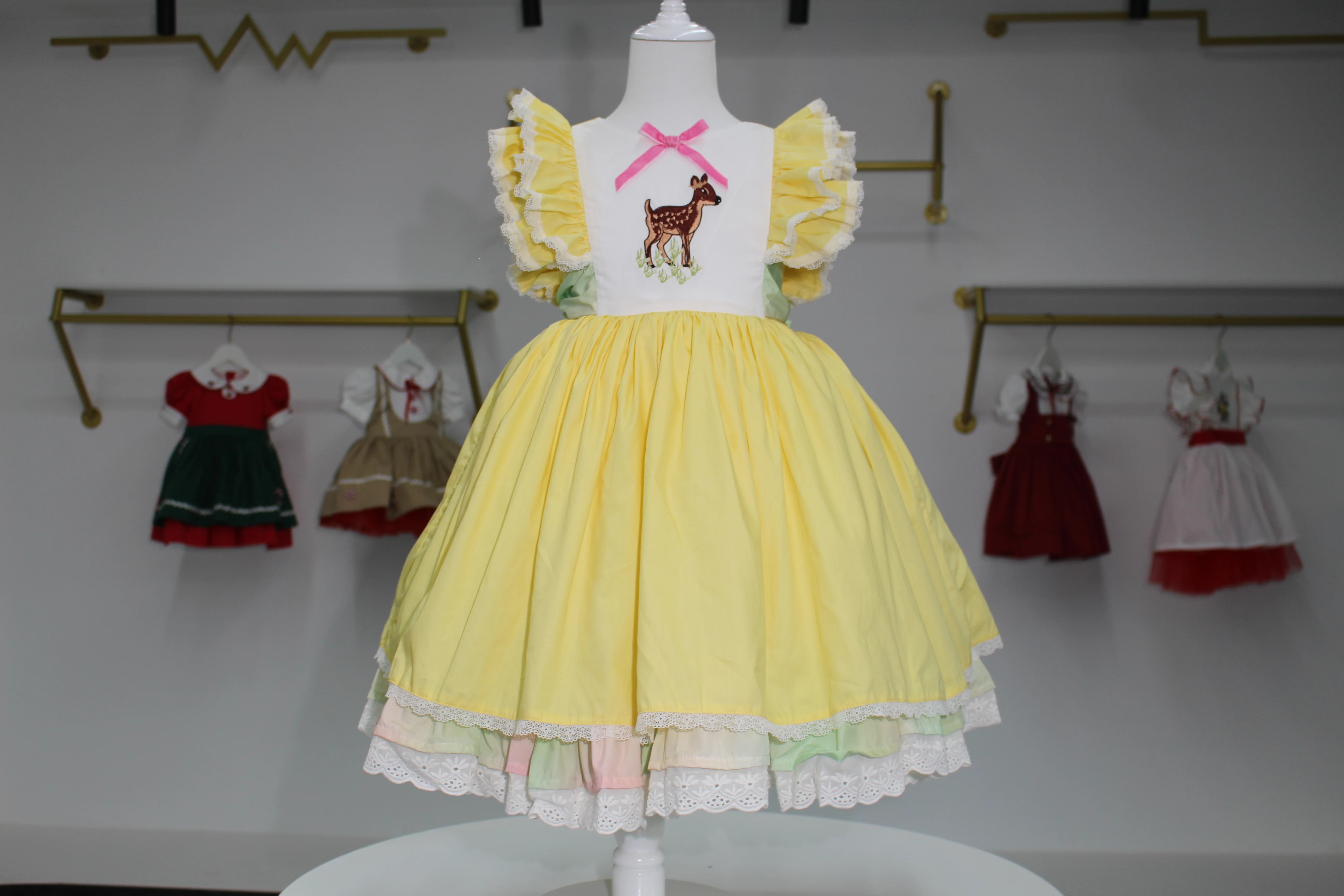 Baby Girl Summer Yellow Deer Embroidery Vintage Spanish Princess Ball Gown Dress with Colored Headband for Party Holiday EidB237