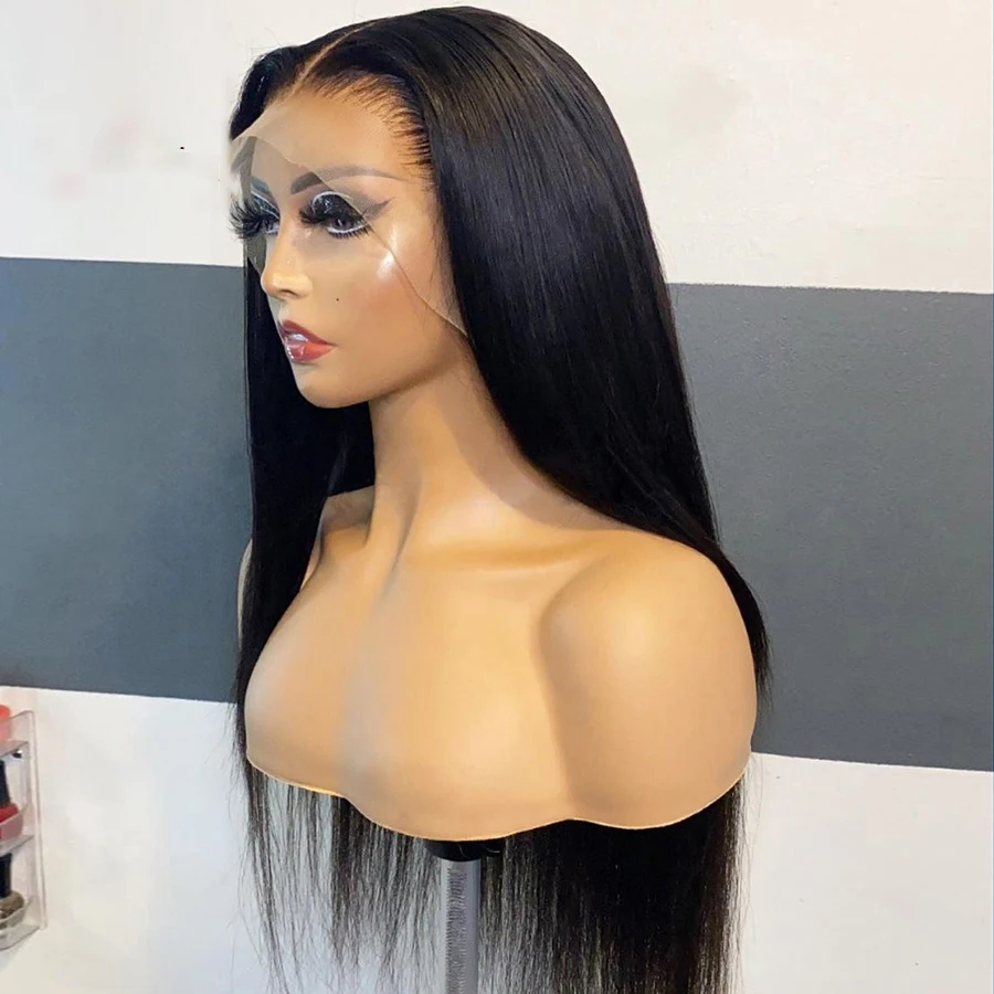 Бесклеевой 26-дюймовый 180 Плотность Мягкий Натуральный Черный Длинный Прямой Глубокий Парик Фронта Шнурка Для Женщин С Волосами Младенца Предварительно Сорванные Ежедневно