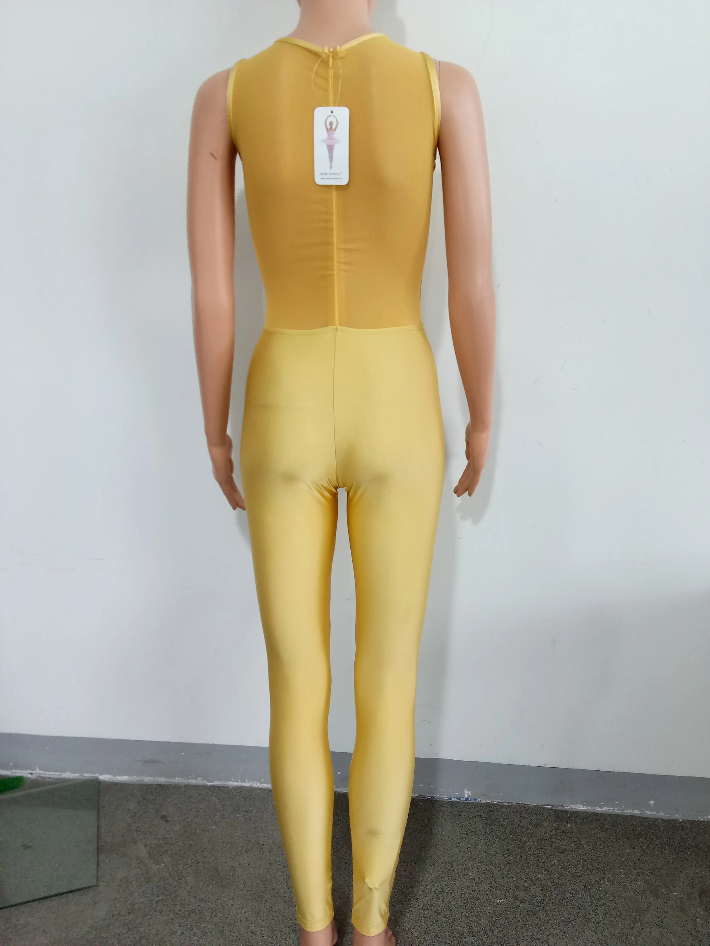 Geel Nylonlycra Mesh Mouwloze Coltrui Dans Unitards Gymanstics Lange Bodysuit Kinderen Volwassen Maten 13 Kleuren