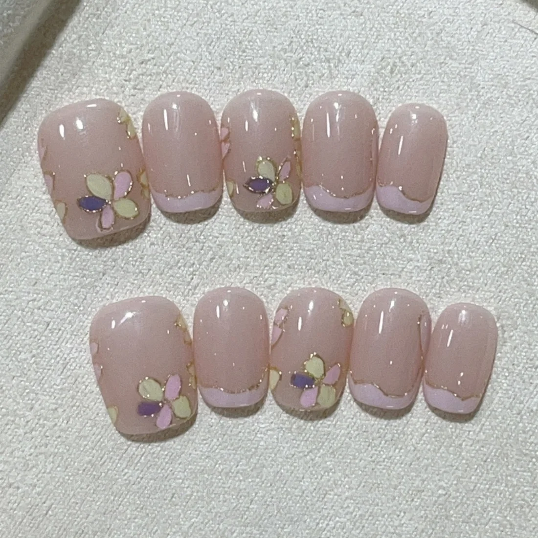 10Pcs Pink Handmade Press on Nails Full Cover Cute Flower Sweet Summer Short French Ballerina False Nails Manicure Nail Tips Art