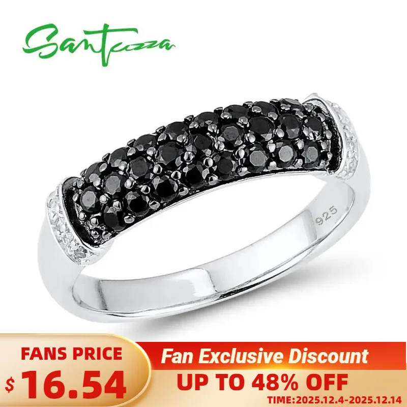 SANTUZZA Silver Ring For Women 925 Sterling Silver Fashion Round Rings Black Spinel White Cubic Zirconia  Party Delicate Jewelry