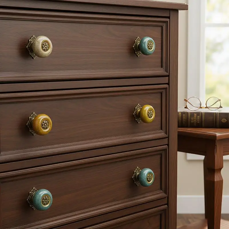 Creative Single Hole Ceramic Knob Ethnic Style Antique Bronze Ceramic Flower Pull Handle For Cabinet