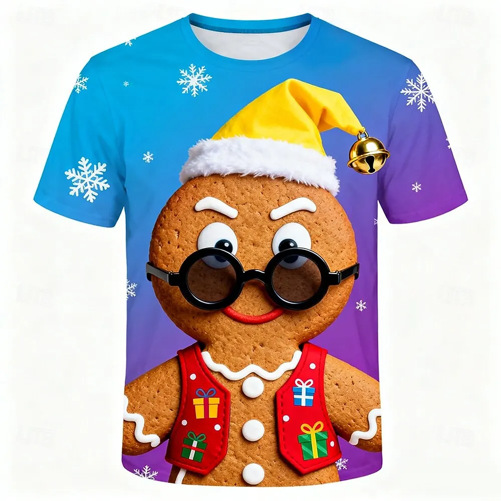

Men's 3D Print Funny Gingerbread Graphic T-Shirt Christmas Elements Short Sleeve Tees Fashion Casual Round Neck Festival Clothes