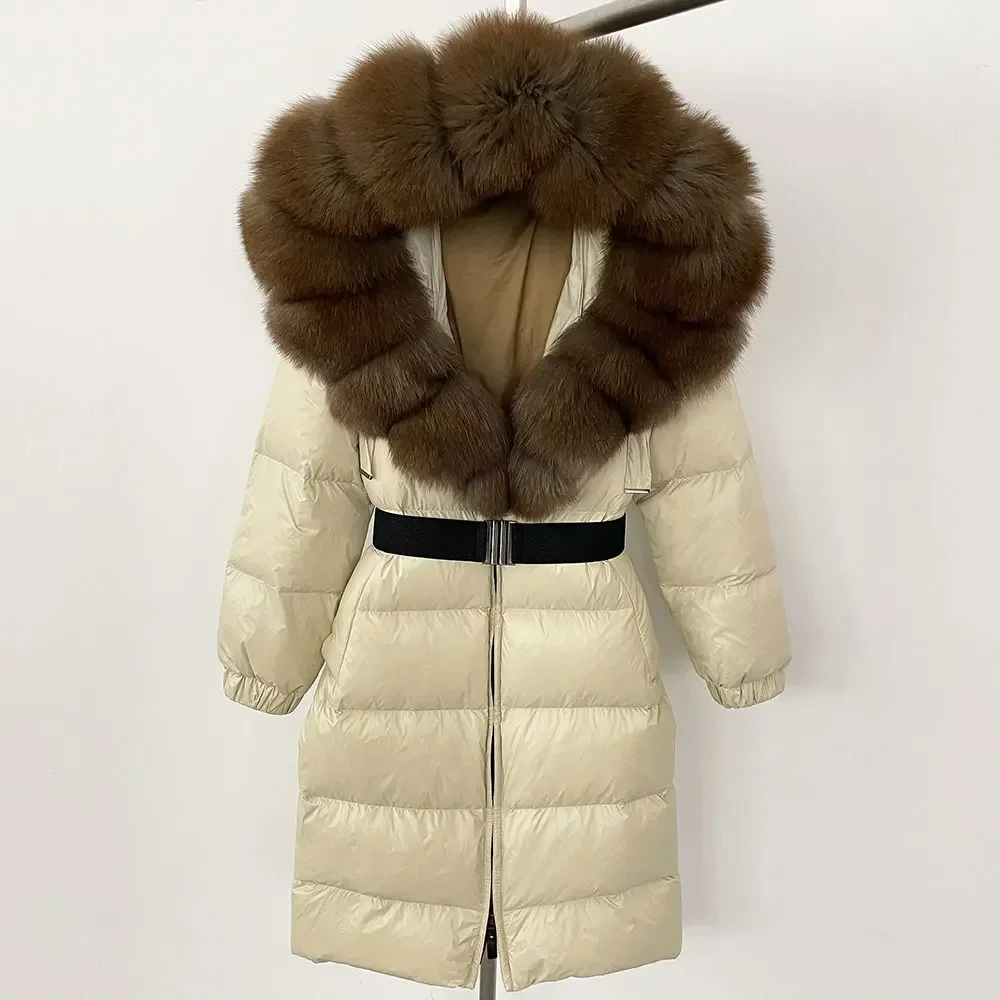 New Natural Thick Warm Long Winter Jacket Women 90% White Duck Down Coat Real Big Fox Fur Collar Belt Loose Puffer Parka