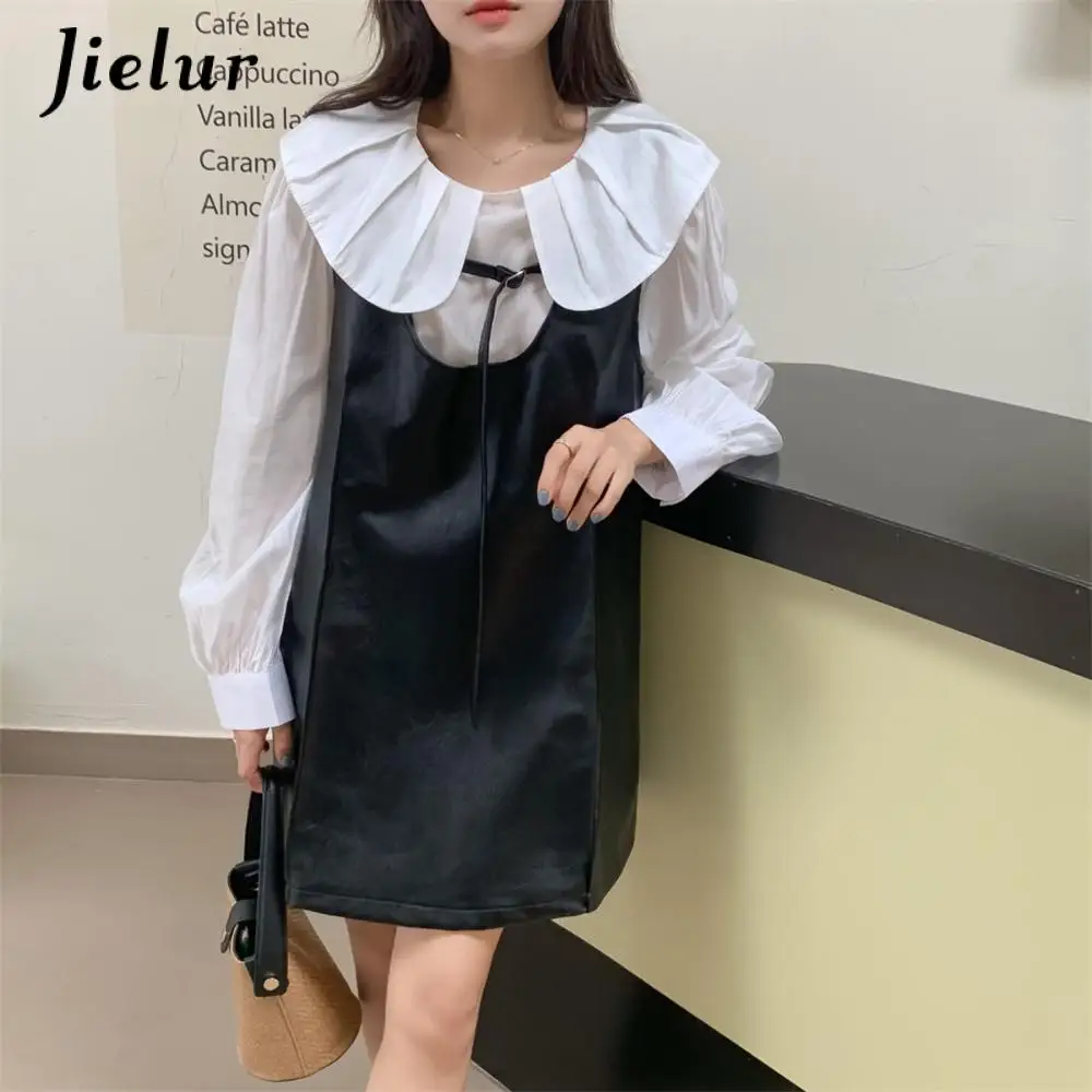 

Slim Two Piece Sets Sweet Peter Pan Collar Korean Style Casual White Shirts Women Autumn Chic Retro PU Waist Mini Dress Khaki