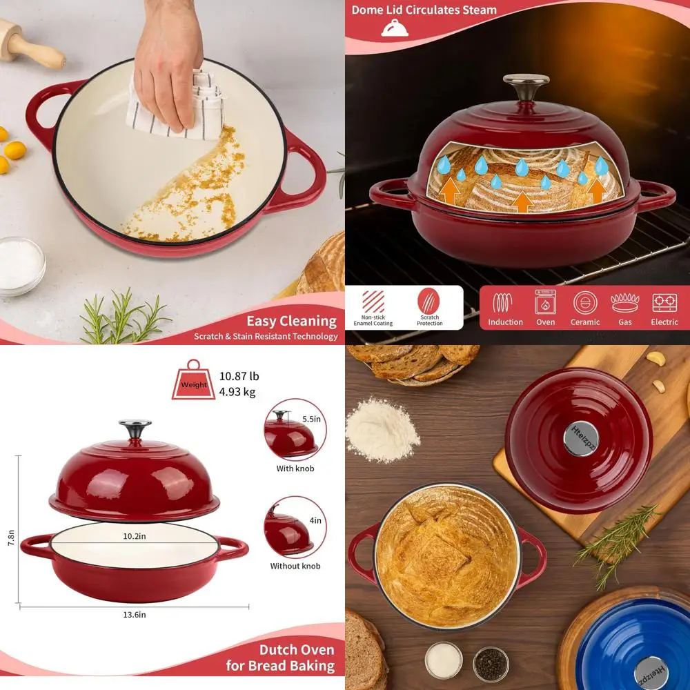 

Enameled Cast Iron 5.4 Qt Bread Oven, Perfect for Sourdough, Oven-Safe to 500°F, 25 cm Red