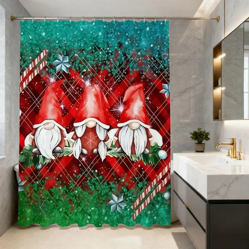 Christmas Shower Curtain Snowman Gingerbread Man Santa Xmas Tree Reindeer Waterproof Bath Curtain Holiday Decor w Hook