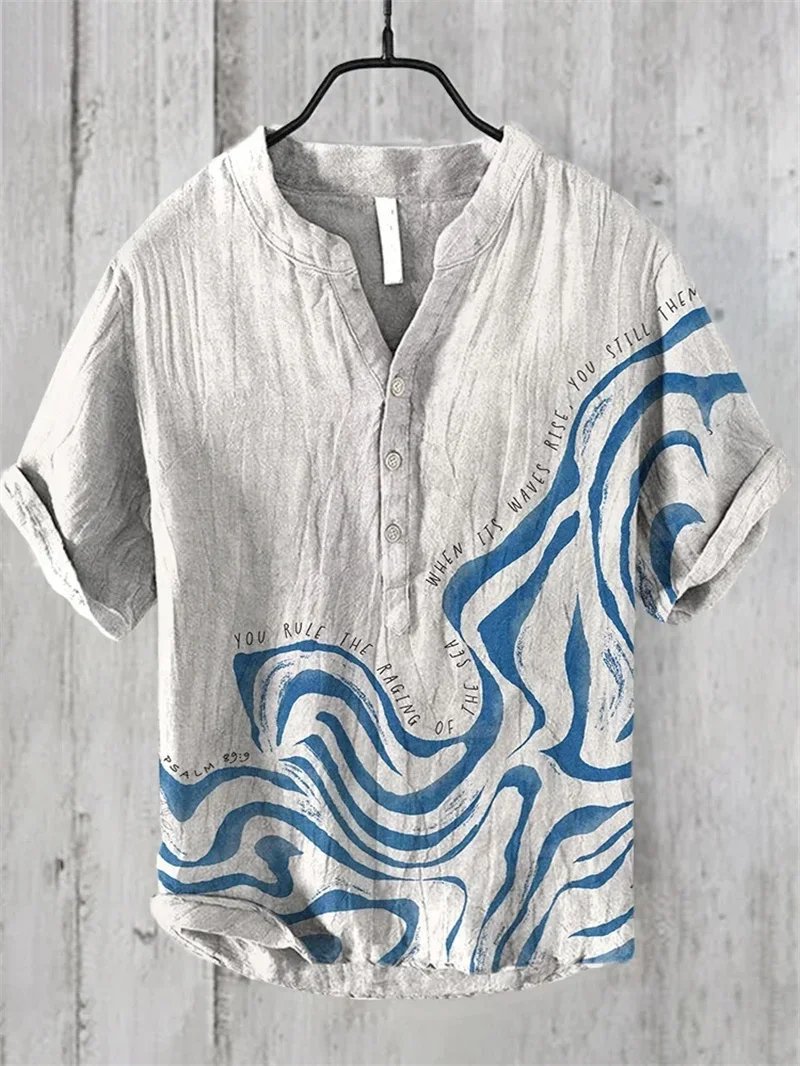Fashion men\'s new style 100% linen summer stand collar linen men\'s Chinese style landscape painting short sleeves 2024 new