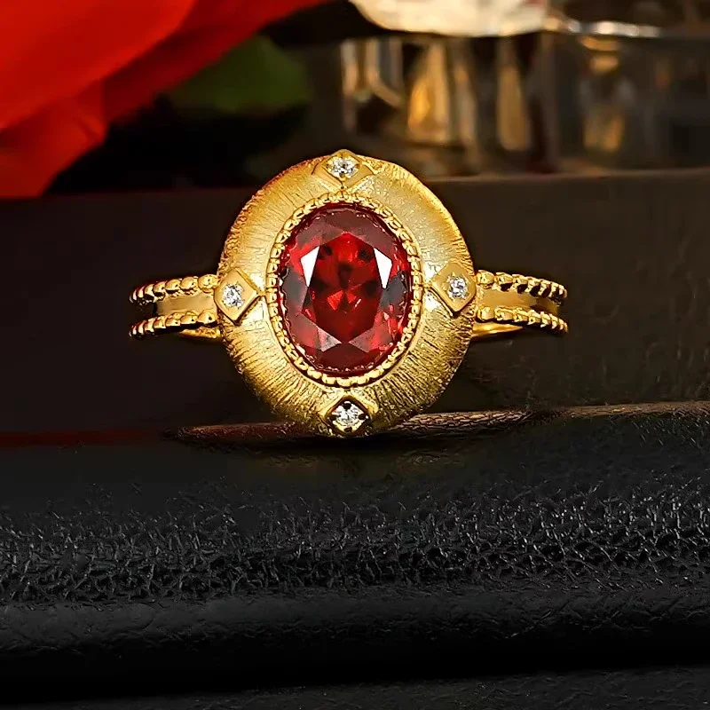 

NEW 925 silver vintage brushed pigeon blood red ring artificial red treasure pigeon egg palace style gold-plated high-end feelin