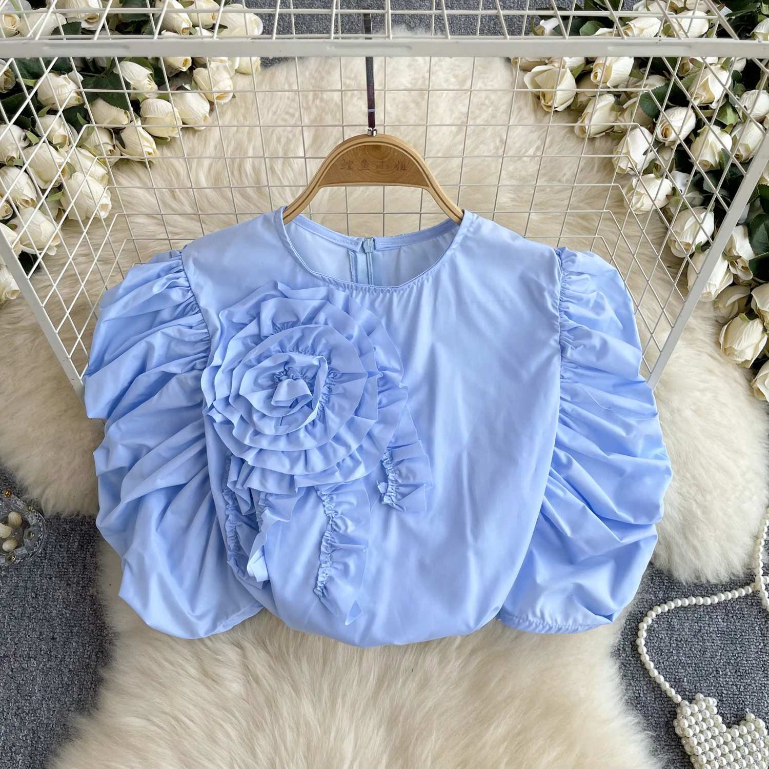 French Vintage Elegant O-Neck Three-dimensional Flower puff sleeve  Blouse Fashion Chic Top Spring Summer Women Shirt