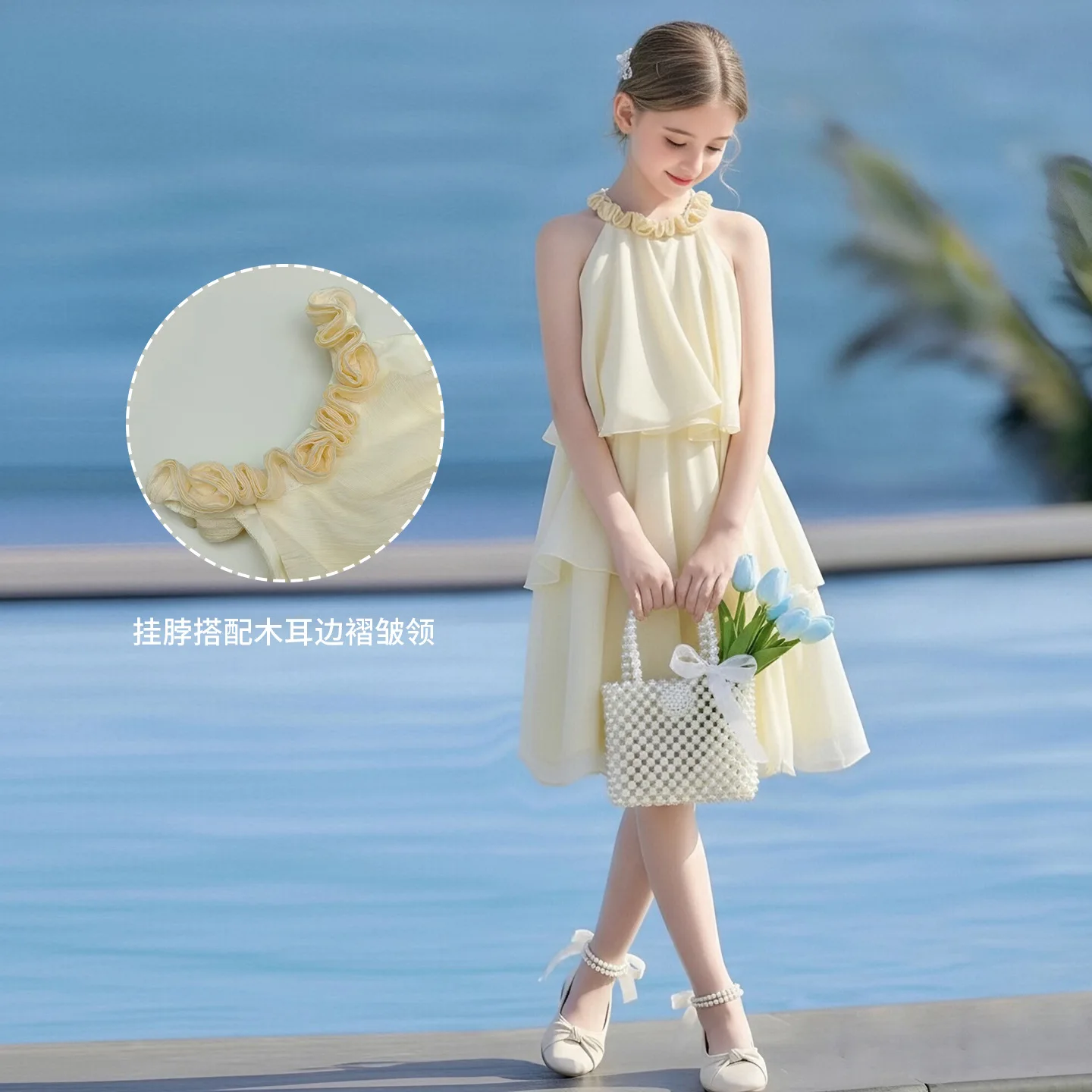 

2026 French noble thin Summer Teenager Girl Princess Kids layered halter neck Dresses Clothes mesh 4 5 6 8 10 12 14 Year cotton