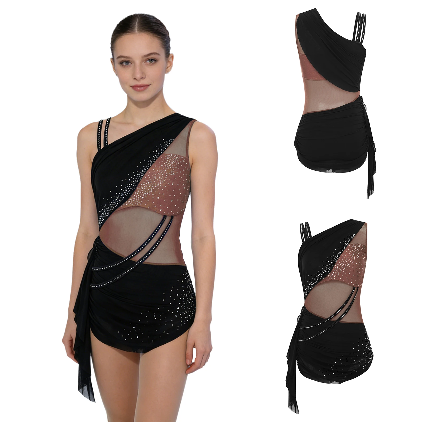 

Womens Gymnastics Latin Dance Bodysuit Asymmetrical Shoulders Rhinestone Detail Ruched Skirt Jumpsuit Lyrical Dance Leotard