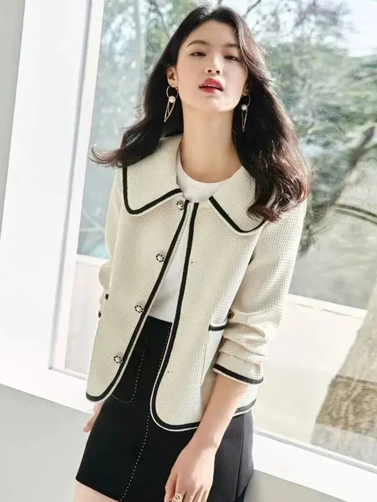 

Cute Peter Pan Collar Korean Jacket Women Fashion Sweet Solid Short Coat Casual Design Long Sleeve Lady Autumn Chic Tops