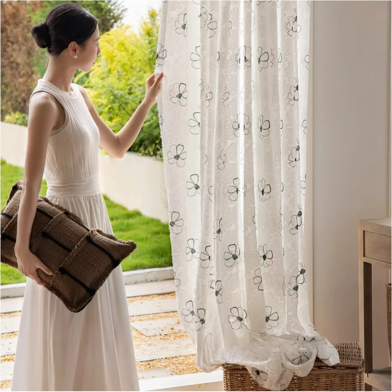 French Flower Jacquard Window Screen Wooden Cream Wind Translucent Curtain Curtains for Living Dining Room Bedroom Custom Size